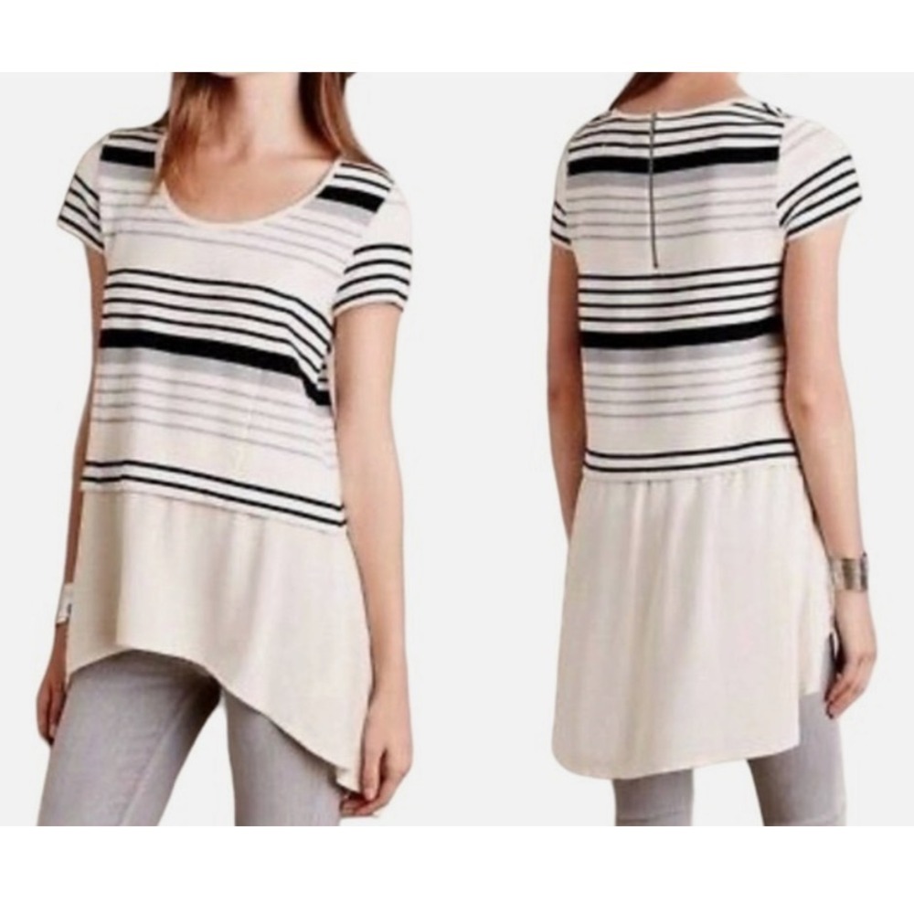 Anthropologie DELETTA Knit Top/Blouse IVORY/BLACK Light Weight GAUZE HEM sz S